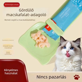 Macska jutalomfalatát adagoló tekercs nyomóval és etetőkanállal
