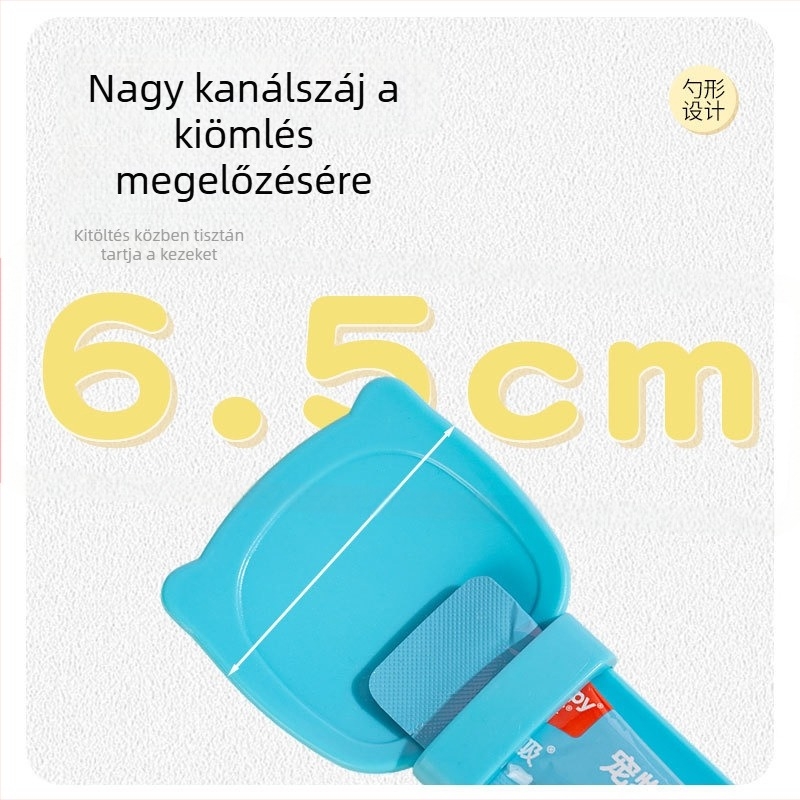 Macska jutalomfalatát adagoló tekercs nyomóval és etetőkanállal