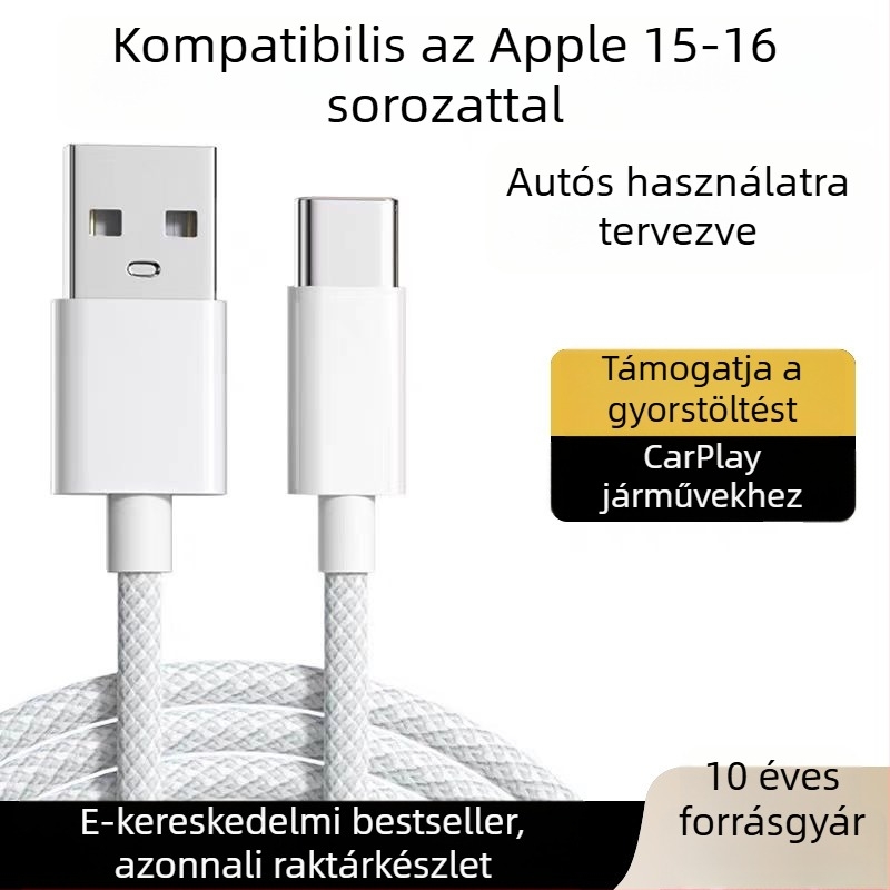 USB-C szőtt adatkábel Apple iPhone 15–17 Pro‑hoz, autós töltőkábel, Type-C gyors töltőkábel