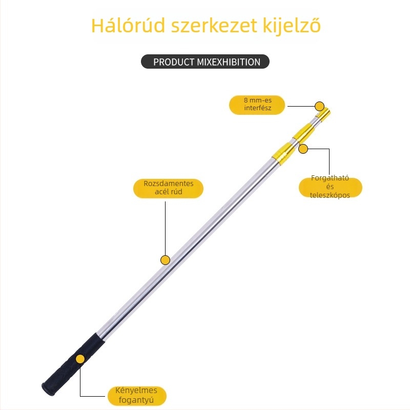 Rozsdamentes acélból készült hálóbot, teleszkópos, állítható fogantyúval és hálótáskával