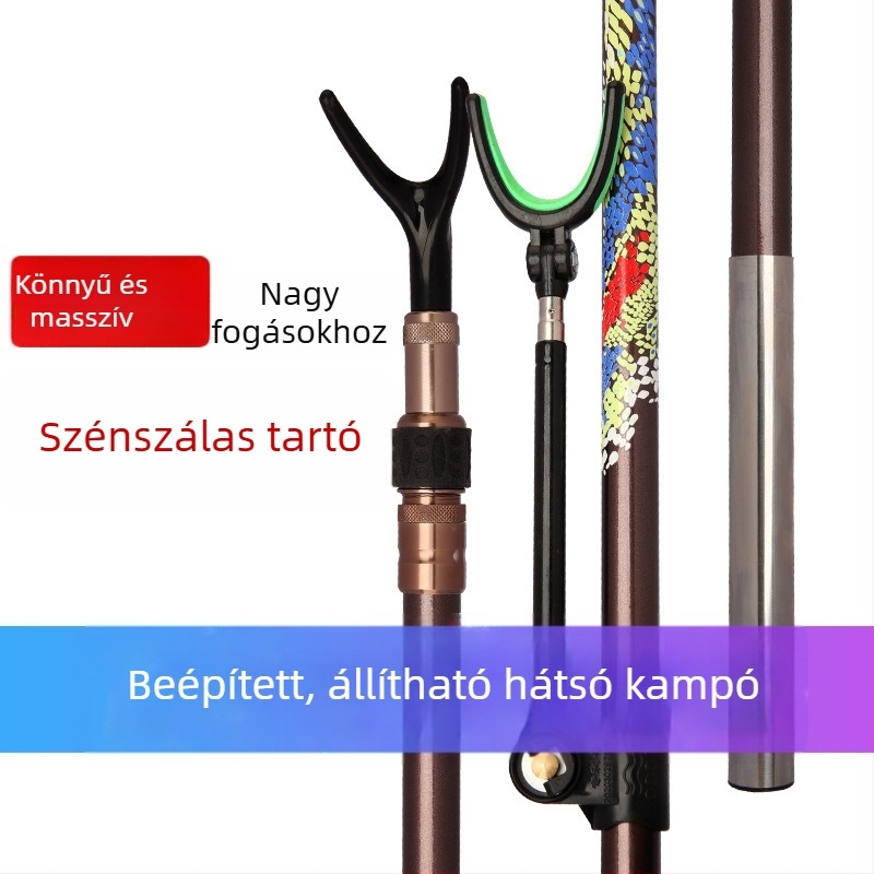 Szénszálas ultrakönnyű, ultratartós horgászbot-tartó teleszkópos pozicionáló rúddal és hátsó akasztóval