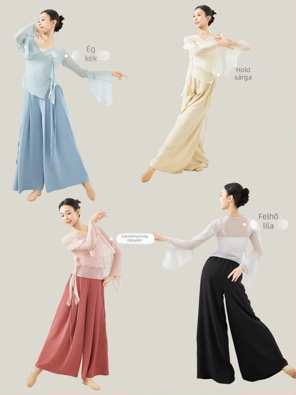 3623 Női tánc felső modern edzéshez, lazán hálós anyag, elegáns, kínai virágos tánc