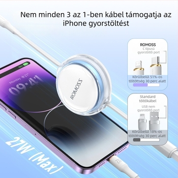 Romoss 6A gyors töltésű 3 az 1-ben adatkábel telefonokhoz és laptopokhoz, Lightning, Micro USB, Type-C, hossz 1–2 m, kompatibil Huawei és iPhone 15