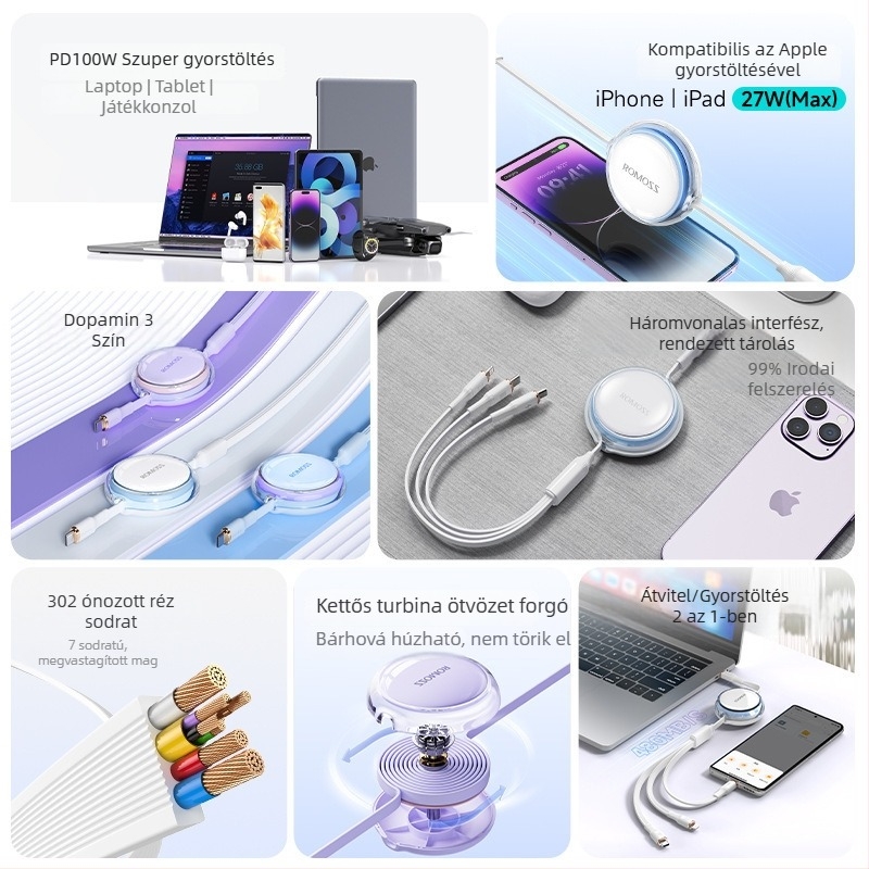 Romoss 6A gyors töltésű 3 az 1-ben adatkábel telefonokhoz és laptopokhoz, Lightning, Micro USB, Type-C, hossz 1–2 m, kompatibil Huawei és iPhone 15