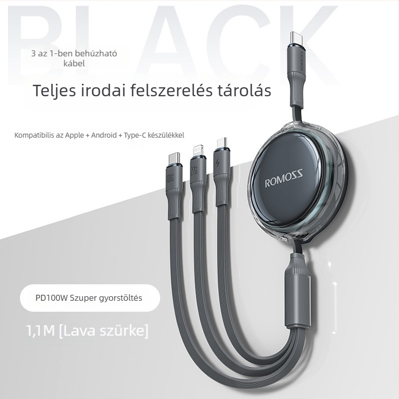 Romoss 6A gyors töltésű 3 az 1-ben adatkábel telefonokhoz és laptopokhoz, Lightning, Micro USB, Type-C, hossz 1–2 m, kompatibil Huawei és iPhone 15
