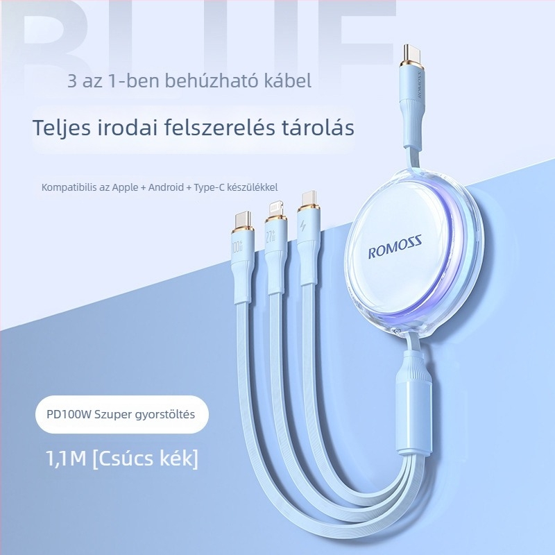 Romoss 6A gyors töltésű 3 az 1-ben adatkábel telefonokhoz és laptopokhoz, Lightning, Micro USB, Type-C, hossz 1–2 m, kompatibil Huawei és iPhone 15