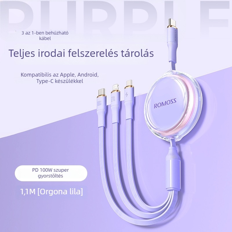 Romoss 6A gyors töltésű 3 az 1-ben adatkábel telefonokhoz és laptopokhoz, Lightning, Micro USB, Type-C, hossz 1–2 m, kompatibil Huawei és iPhone 15
