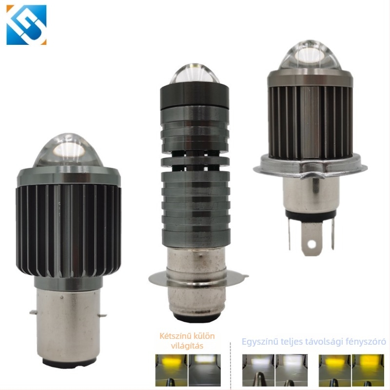 Motorkerékpár LED fényszóró H6/P15D/H4-hez, egy-, kettő- vagy háromcsipeszes rögzítés, sárga–fehér két színű, magas- és alacsony fénycsóva, ventilátorral