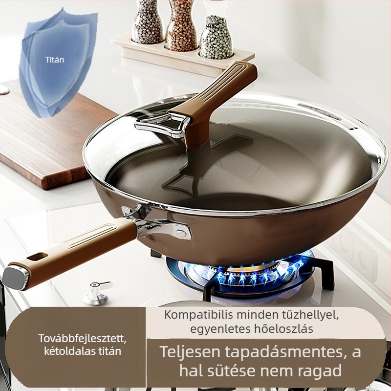 Titánium bevonatú, tapadásmentes wok, lapos alappal, gáztűzhelyre és indukciós főzőlaphoz