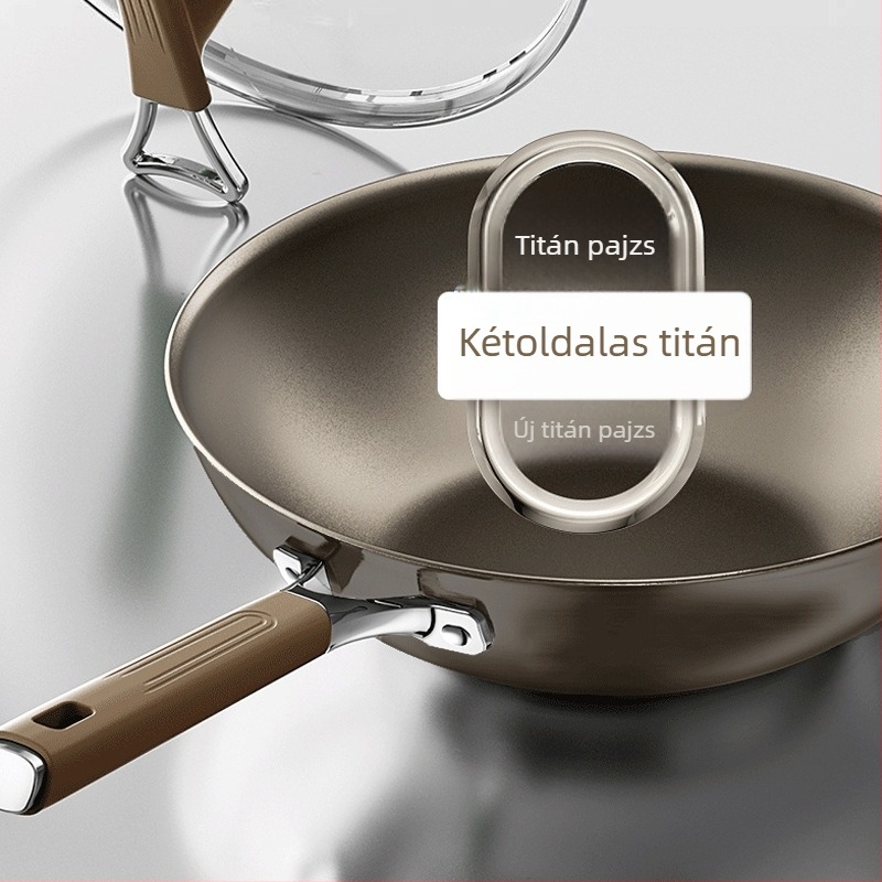 Titánium bevonatú, tapadásmentes wok, lapos alappal, gáztűzhelyre és indukciós főzőlaphoz