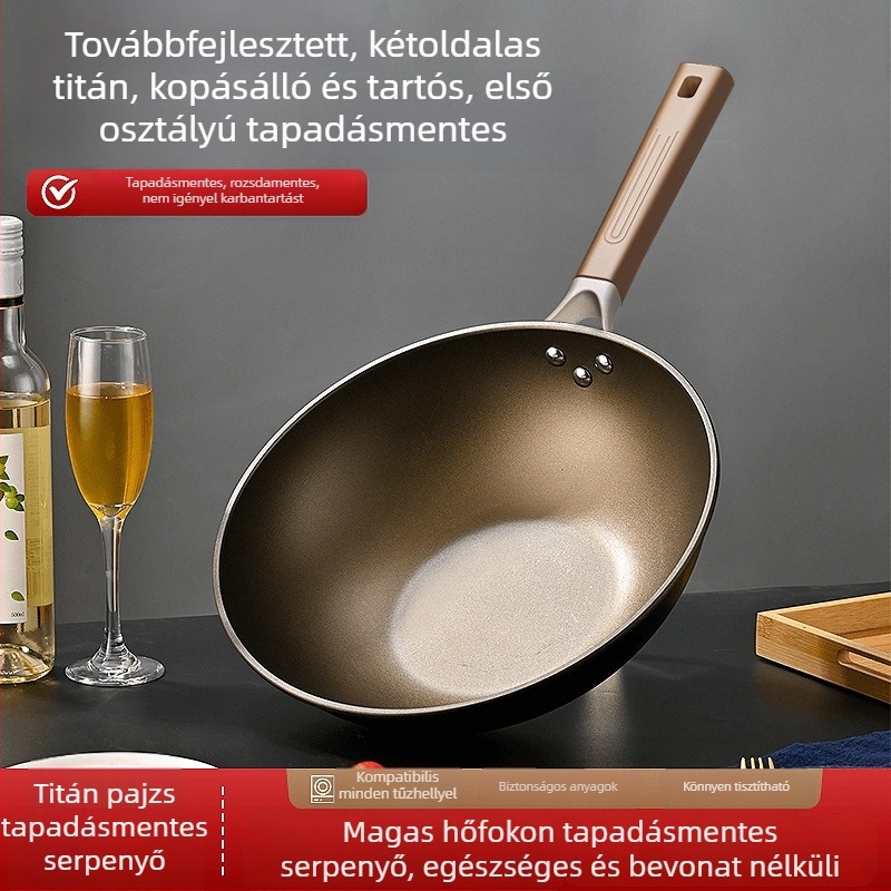 Titánium bevonatú, tapadásmentes wok, lapos alappal, gáztűzhelyre és indukciós főzőlaphoz