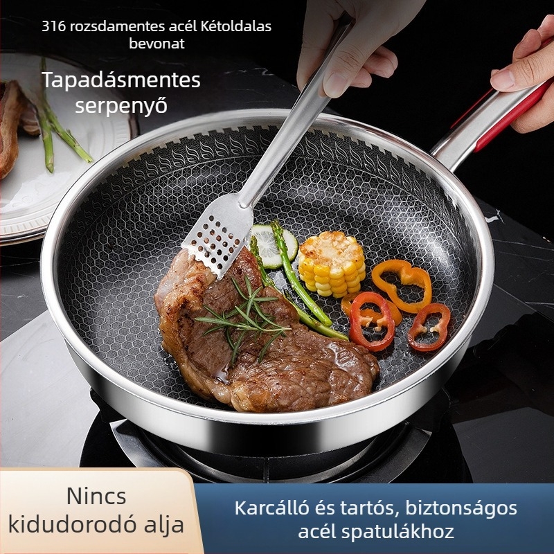 316L rozsdamentes acél serpenyő, sík alj, kétoldalas méhsejt szerkezetű felület, tapadásmentes, tojás és steak sütéséhez