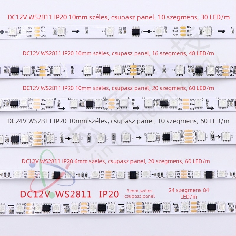 12V RGB LED szalag WS2811, 60 LED 5050, kültéri, programozható fényhatások, alacsony feszültség, intelligens vezérlés
