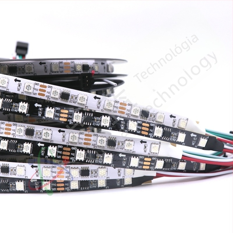12V RGB LED szalag WS2811, 60 LED 5050, kültéri, programozható fényhatások, alacsony feszültség, intelligens vezérlés