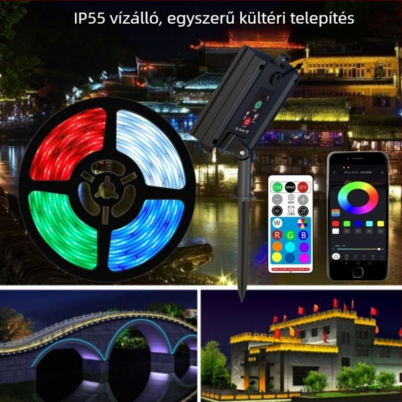 Napelemes LED-szalag USB-töltéssel, kültéri kemping- és kertdekorációhoz, IP65, akkumulátor/USB/napenergia által működtetve, fára akasztható díszítés