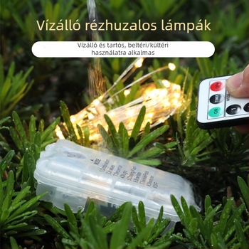 Kültéri LED rézdrót égősor távirányítóval, akkumulátoros működés, 10 m, IP44, 2700K meleg fehér