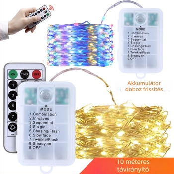 Kültéri LED rézdrót égősor távirányítóval, akkumulátoros működés, 10 m, IP44, 2700K meleg fehér