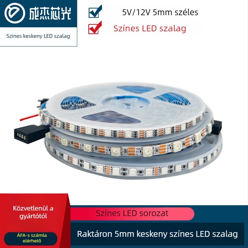 RGB színváltós rugalmas LED-szalag, 8 mm széles, 60 LED/m, 5–12 V DC, dimmelhető, nem vízálló