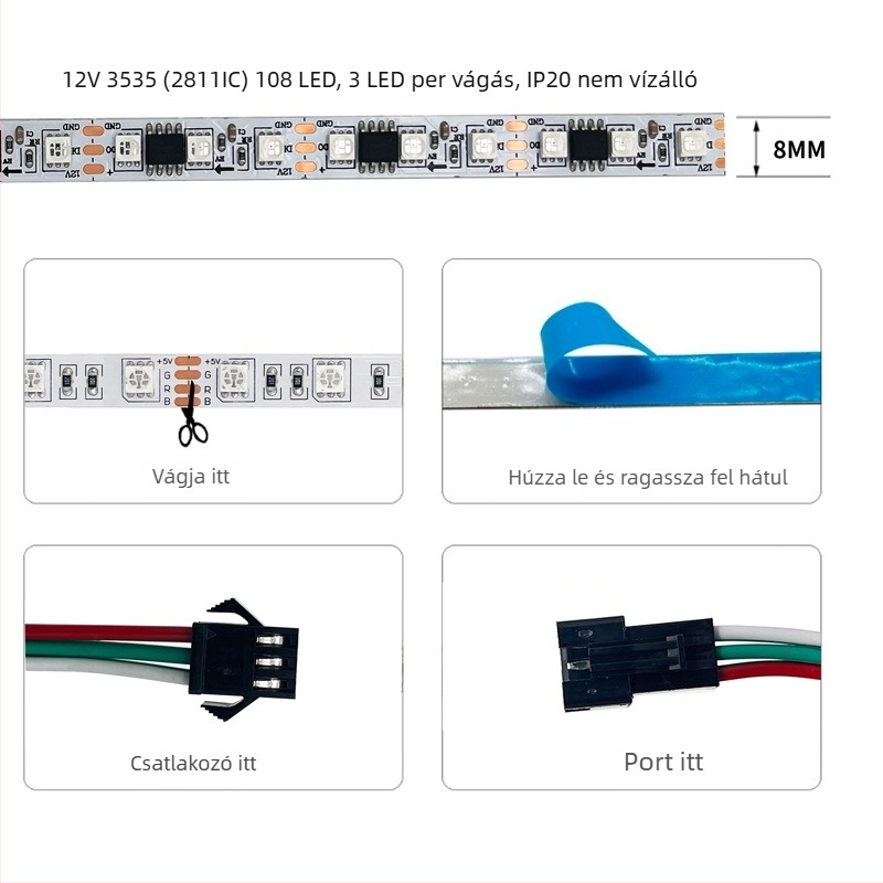 RGB színváltós rugalmas LED-szalag, 8 mm széles, 60 LED/m, 5–12 V DC, dimmelhető, nem vízálló