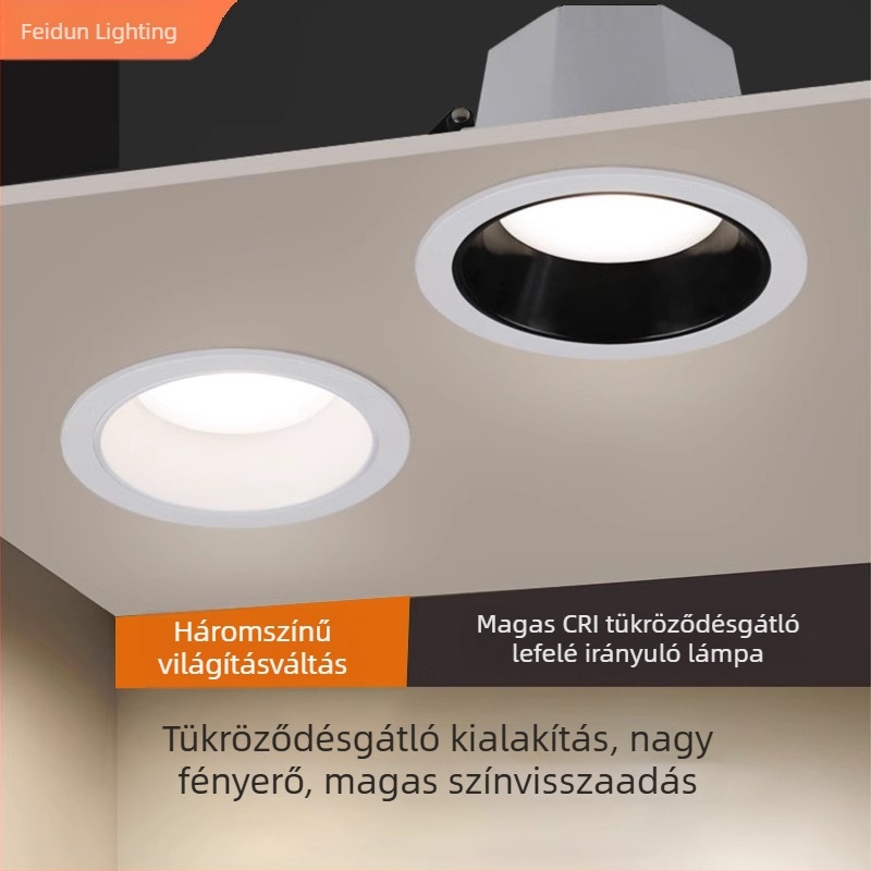 LED beépíthető downlight mély kupakkal, anti‑glare, kereskedelmi és nappali helyiségekhez, háromszínű dimmelhető spotlámpa, öntött alumíniumból