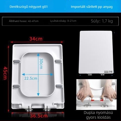 Négyzet alakú WC-fedél, univerzális, vastagodott és tartós, adaptálható trapezoid üléshez, ureá-formaldehid gyantából készült