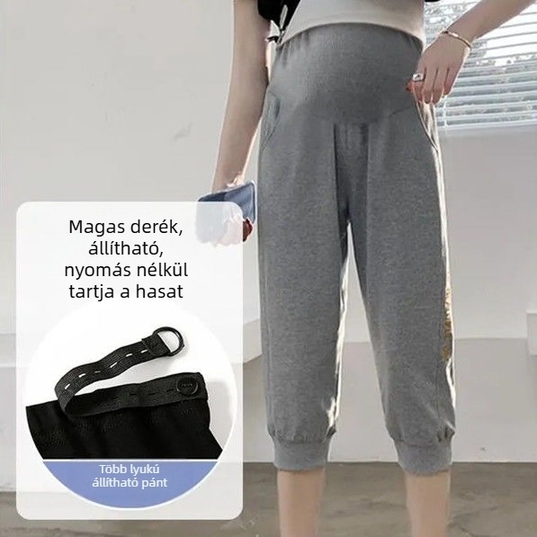 Plusz méretű kismama cropped nadrág hasi támasz, vékony pamutból, tavasz–nyár