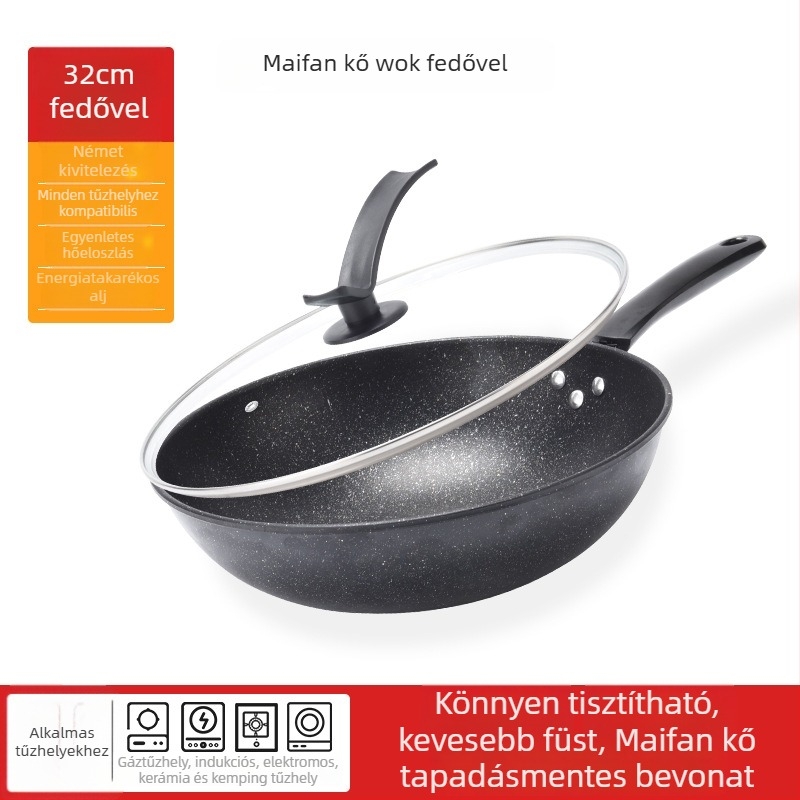 Maifan kő wok, tapadásmentes, 32 cm, kompatibilis indukciós tűzhellyel, otthoni konyhára, füstmentes sütés
