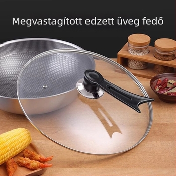 Edzett üvegből készült fedő rozsdamentes acél kerettel, kör alakú wokfedő, univerzális serpenyőfedő, nem tapadós bevonatú