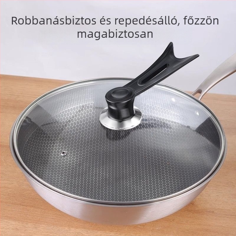 Edzett üvegből készült fedő rozsdamentes acél kerettel, kör alakú wokfedő, univerzális serpenyőfedő, nem tapadós bevonatú