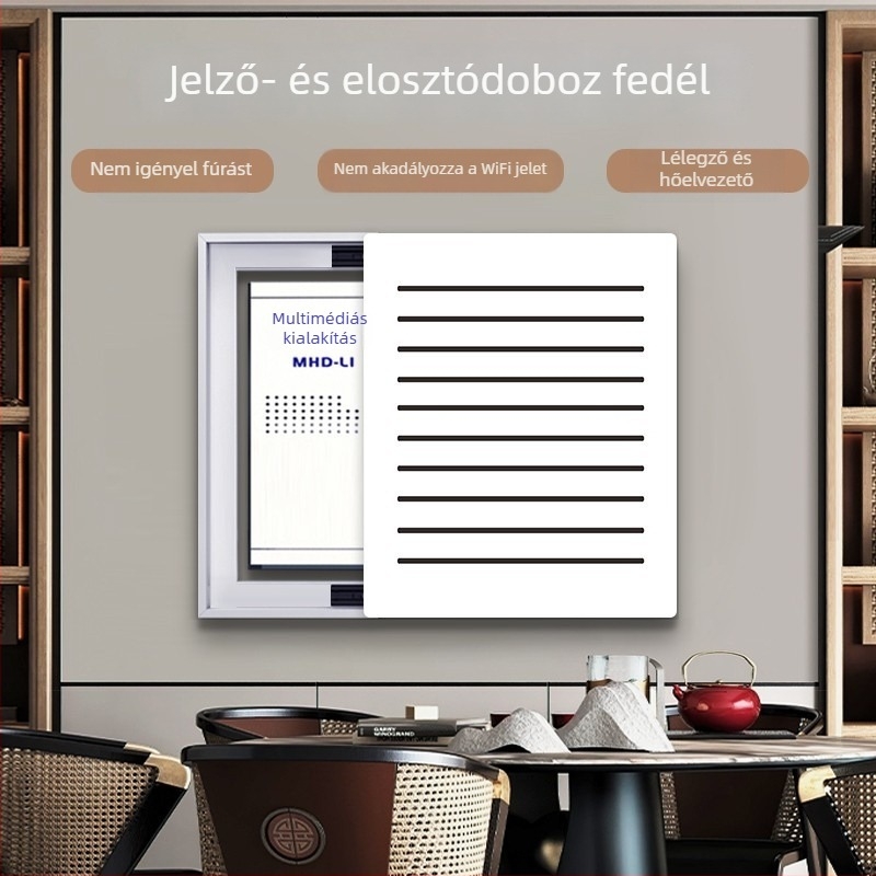 Lyukasztott elektromos mérődoboz dekoratív festménye, függőleges kivitel, multimédiás jelződoboz fedője, modern minimalista stílus