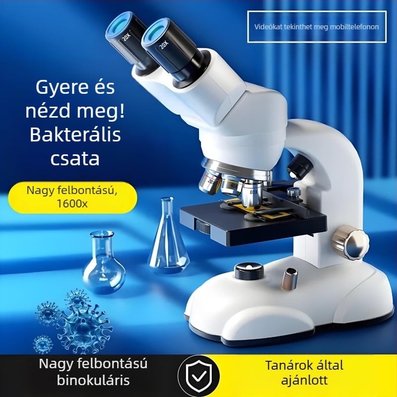 Binokuláris optikai mikroszkóp 1600x - biológiához készült tudományos kísérleti készlet általános iskolások számára