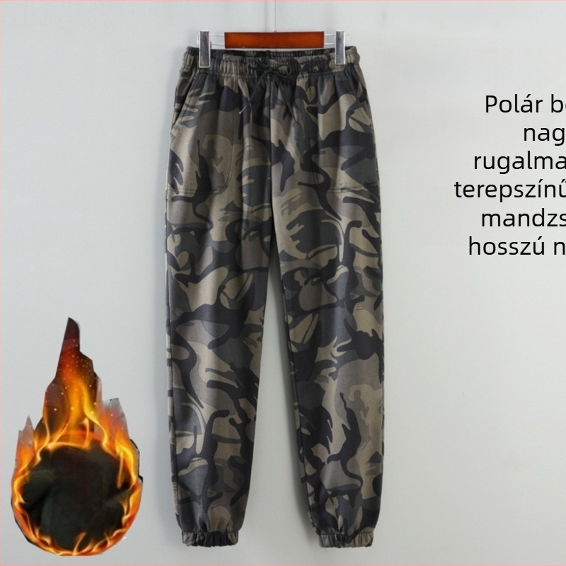 Kamufláz mintázatú polár béléses munkás nadrág, rugalmas, lazán szabott, építkezésre, tartós és lélegző.