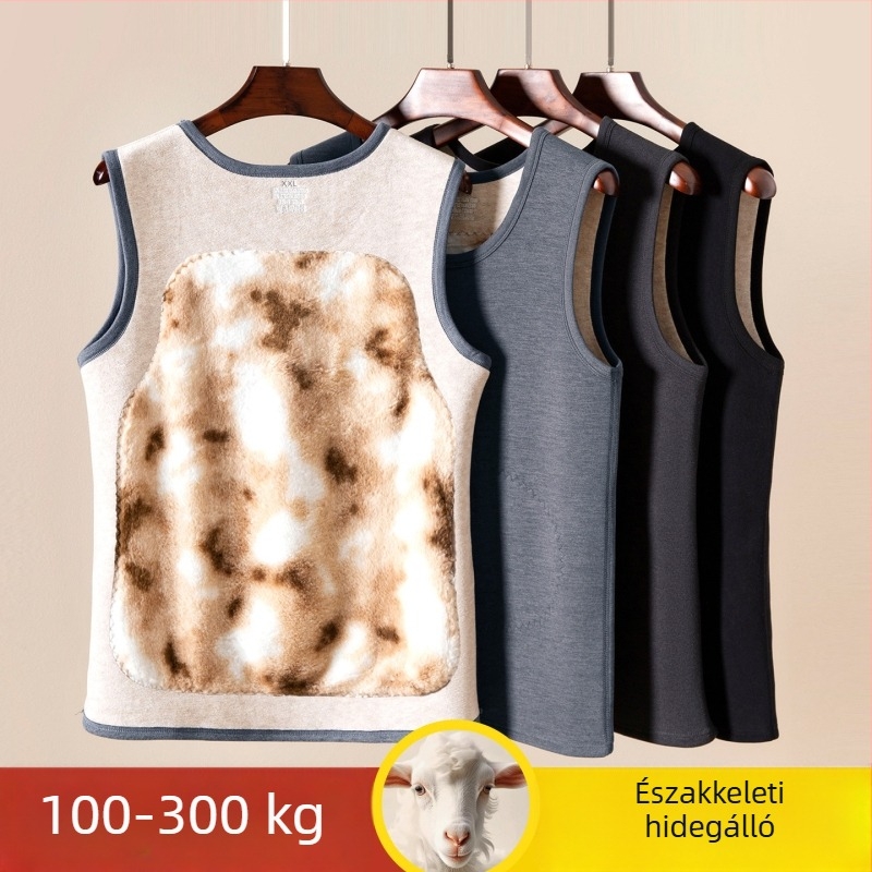 Férfi vastag, fleece-sel bélelt thermo mellény télre, plusz méret, selyem–gyapjú keverék, gyomorvédő alapréteg