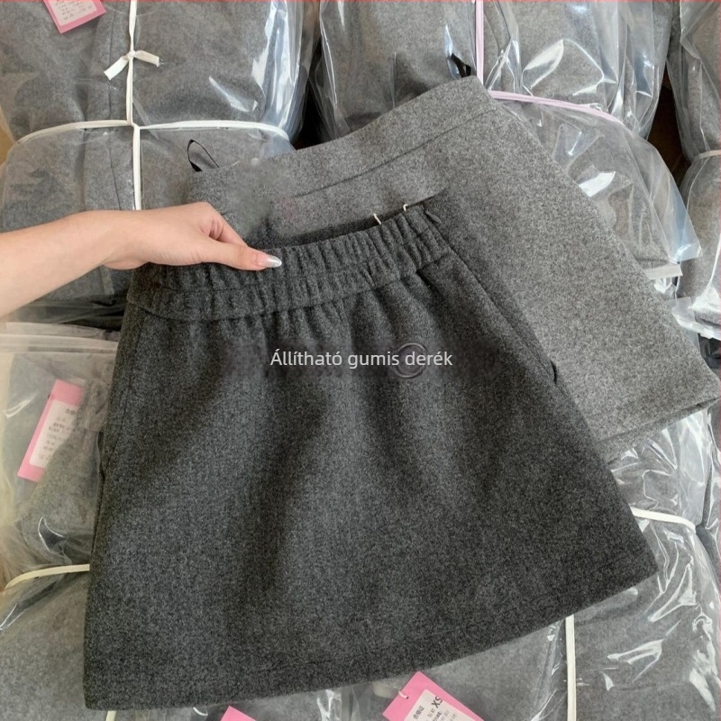 Szürke gyapjúhatású A-vonalú szoknya, magas derekú, koreai retro téli stílus