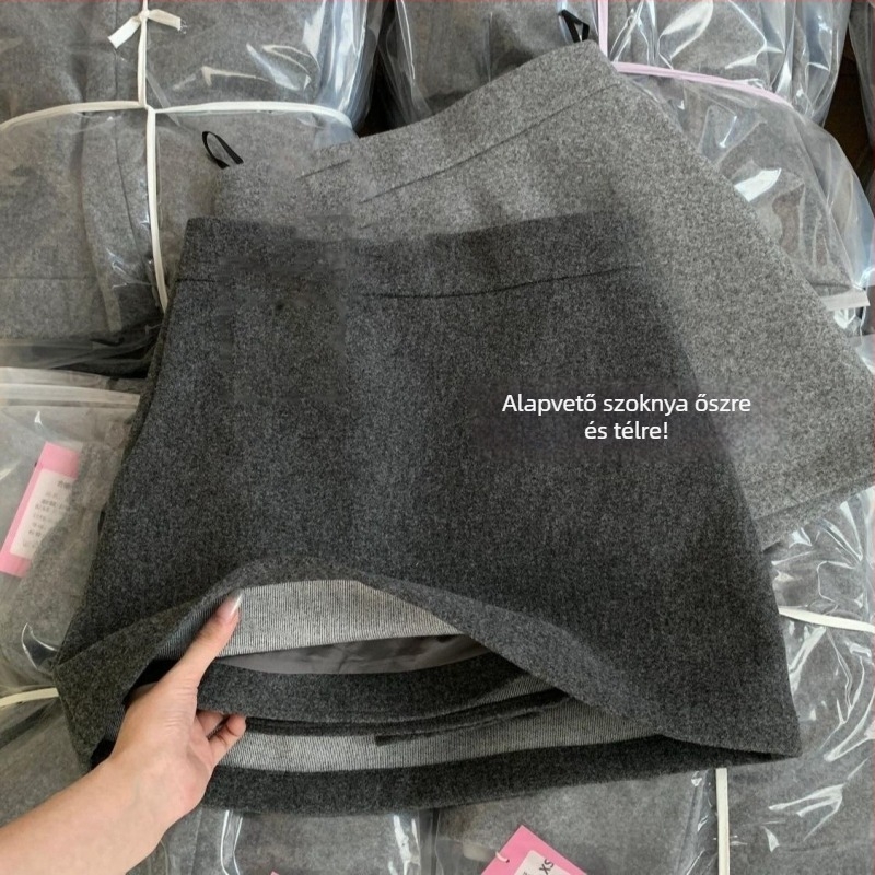 Szürke gyapjúhatású A-vonalú szoknya, magas derekú, koreai retro téli stílus