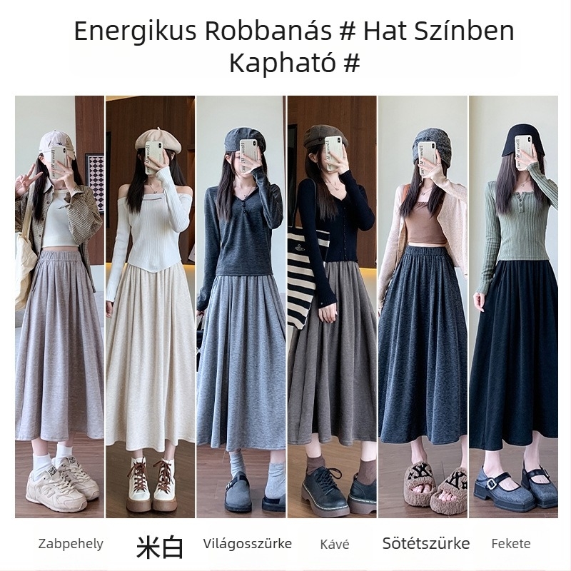 H560 Szürke kötött A-vonalú midi szoknya, magas derékkal, esernyő-sziluett, egyetemi stílus