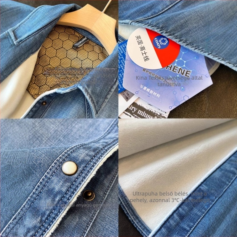 Női denim ing béléses melegen tartó, európai stílusú, karcsú szabás, őszi-téli viselet