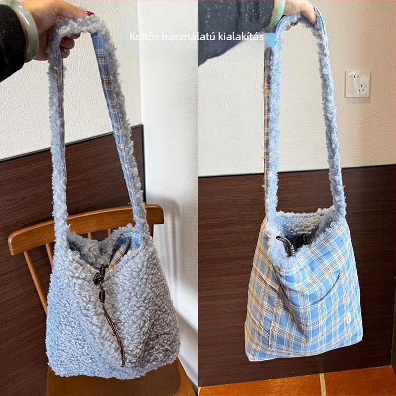 Őszi-téli koreai stílusú vállon átvehető táska báránybőrrel, nagy kapacitású, crossbody, nőknek
