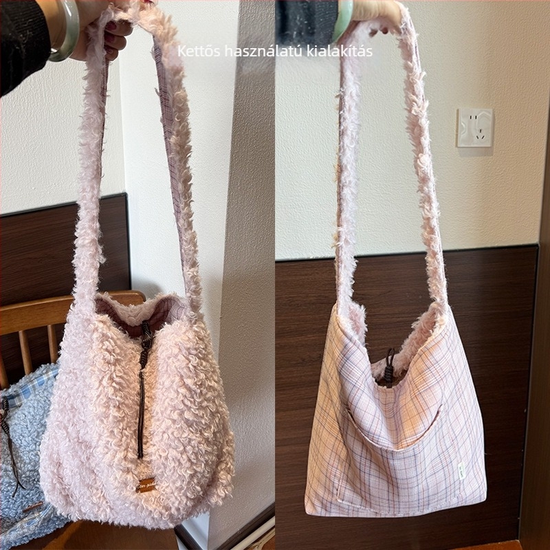 Őszi-téli koreai stílusú vállon átvehető táska báránybőrrel, nagy kapacitású, crossbody, nőknek