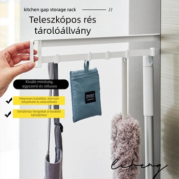 Kinyitható mágneses tárolópolc konyhaszekrényekhez, oldalsó felhelyezés a hűtőn —kihúzható, fúrásmentes telepítés.