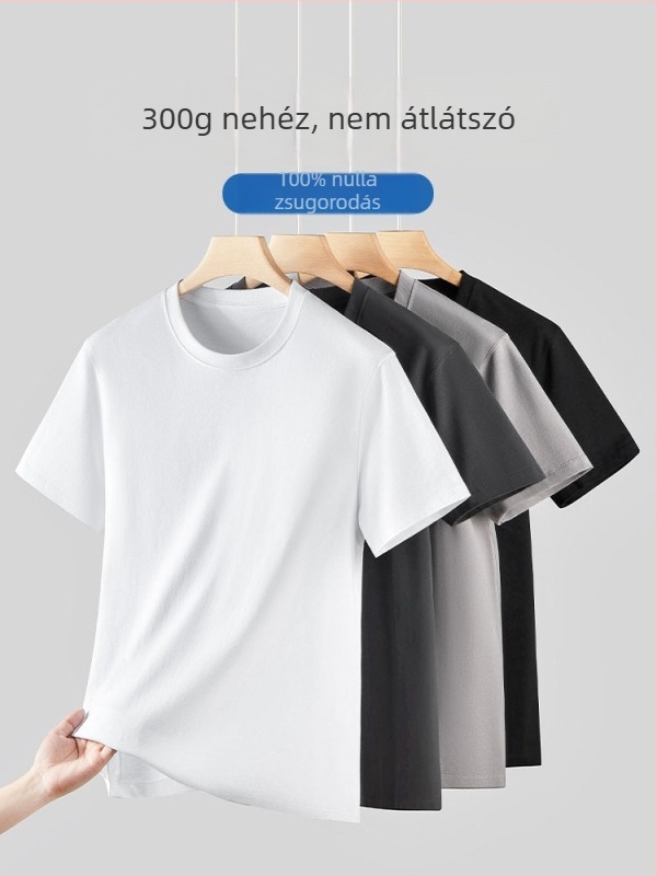 Pamut rövid ujjú póló férfiaknak, 300–350 g tömeg, fiatalos szabás, kerek nyak