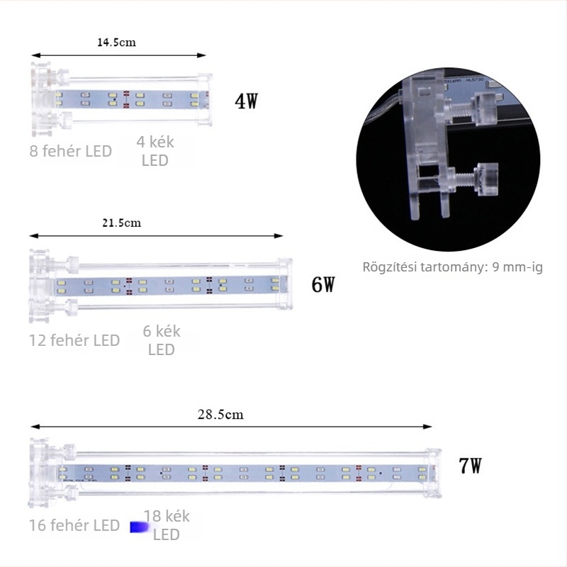 Kristályüvegű akvárium LED clip lámpa, növényvilágításhoz