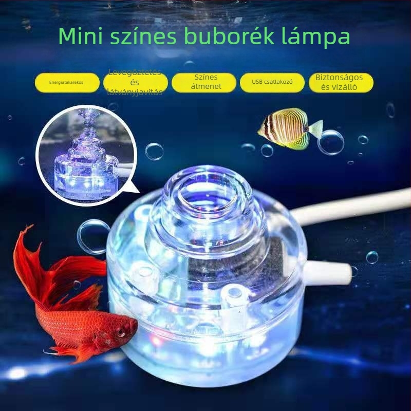 LED akvárium világítás buborékos és szökőkút effektussal, színváltoztató, vízálló világítás, mini buborék lámpa, oxigénnel látja el a vizet