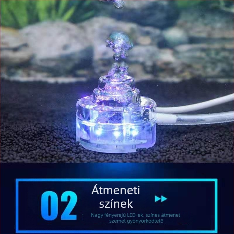 LED akvárium világítás buborékos és szökőkút effektussal, színváltoztató, vízálló világítás, mini buborék lámpa, oxigénnel látja el a vizet