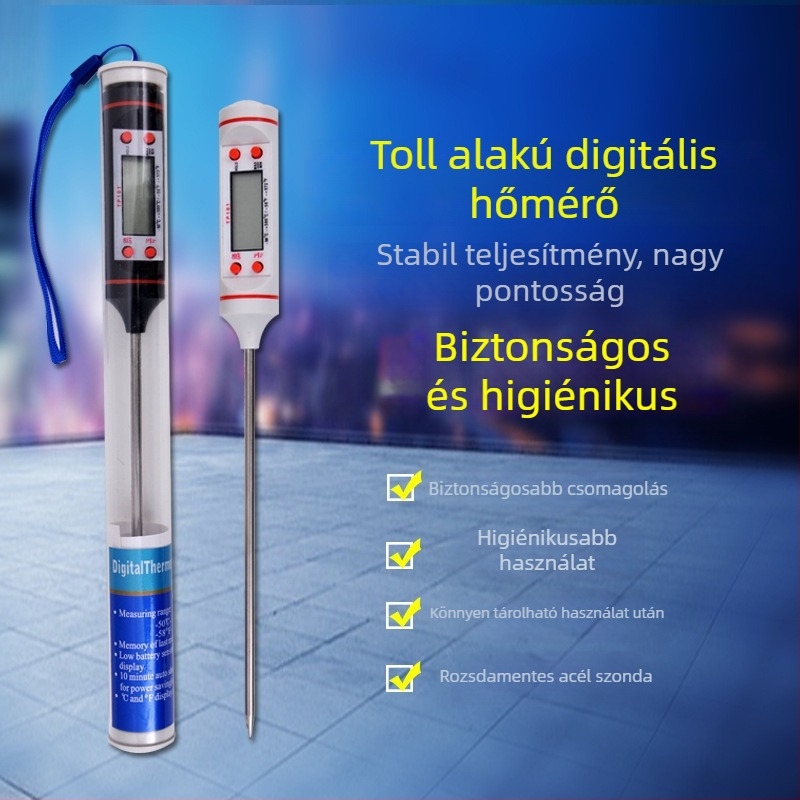 Digitális konyhai hőmérő tűszenzorral – hús, grill, sütés, kávé, tej és víz hőmérsékletének mérésére