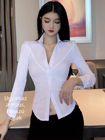 Sima fehér ing karcsúsított derékkal, álló gallérral, hosszú vagy rövid ujjú, SPA/pedikűr technikus munkaruházata