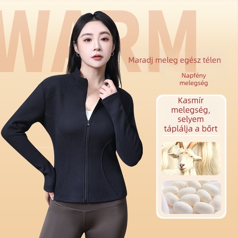 Új női báránygyapjú fleece kabát – álló gallér, cipzár, karcsú szabás, ívelt varrások, őszi-téli jóga stílus