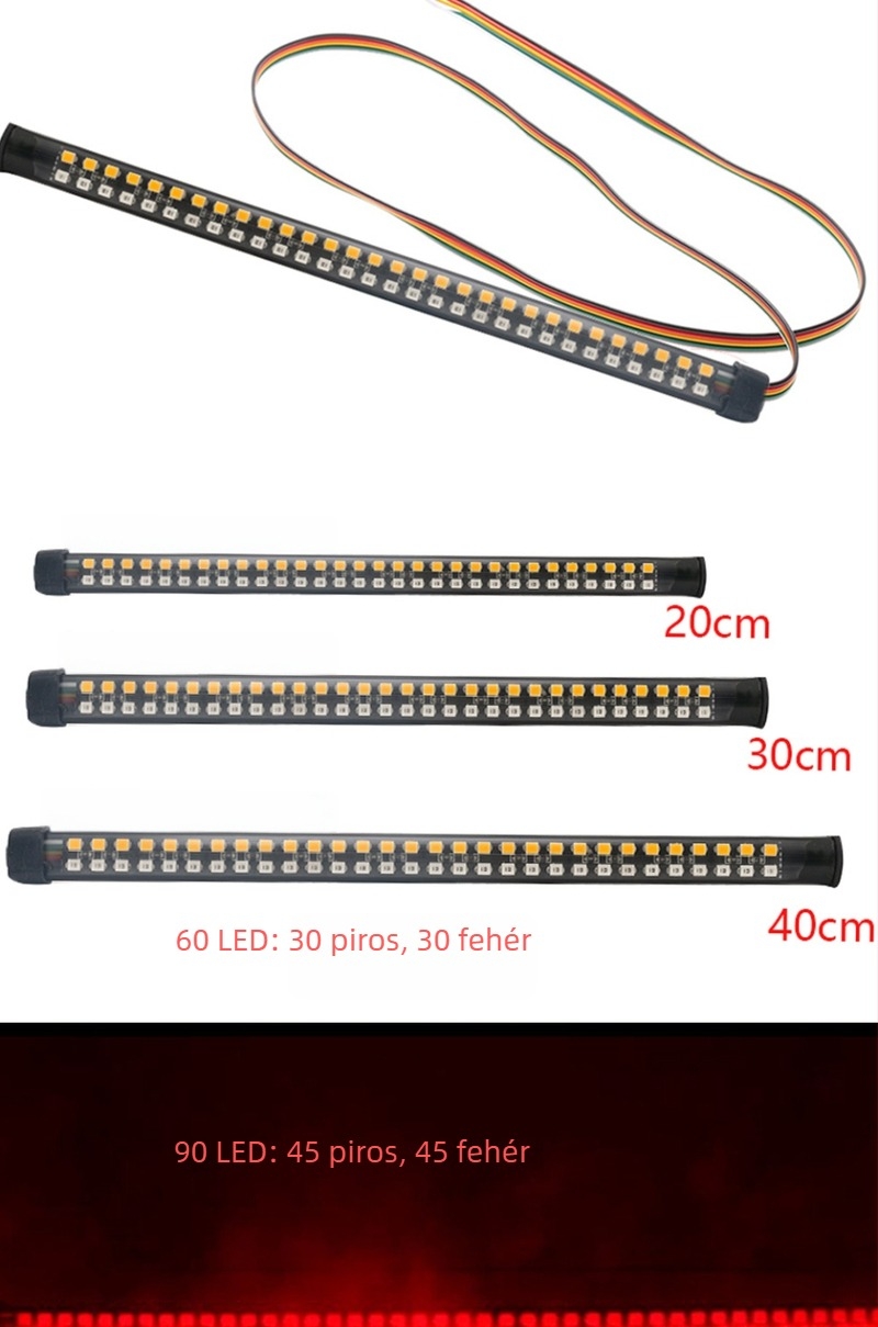 48–LED SMD motorkerékpár fénycsík, féklámpával, irányjelzővel és rendszámtábla világítással, szilikon ház
