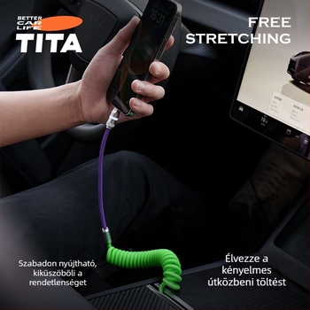 TITA autóba szánt rugós adatkábel Type-C, CarPlay-kompatibilis, 60W gyors töltés, 2–5 m, fekete