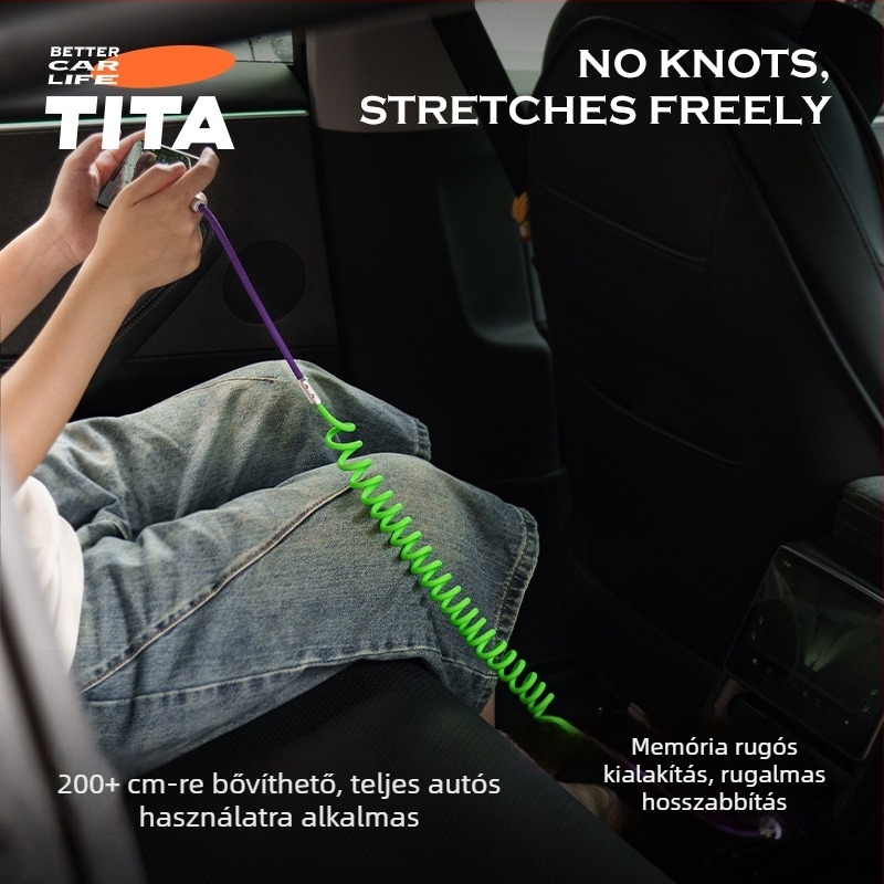 TITA autóba szánt rugós adatkábel Type-C, CarPlay-kompatibilis, 60W gyors töltés, 2–5 m, fekete